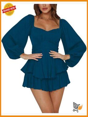Women's Lantern Sleeve Ruffle Tie Romper Jumpsuit Shorts